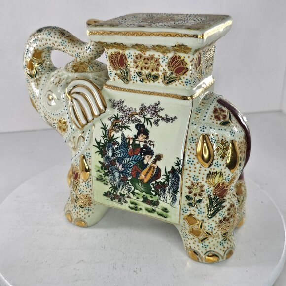 Vintage Satsuma Porcelain Elephant Plant Stand With Asian Design - Picture 8 of 10